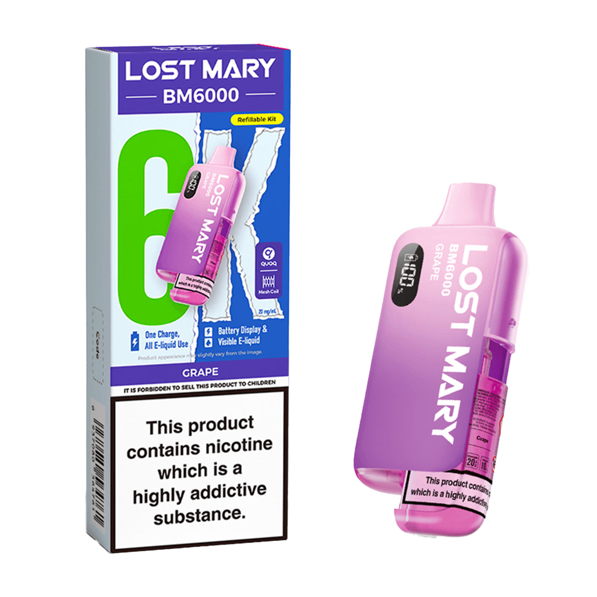 Lost Mary vaping device and packaging on a white background